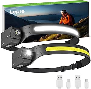 Lepro Rechargeable Headlamp, 2 Pack Super Bright Motion Sensor LED Head Lamp with 5 Light Modes, 230° Wide Beam USB C Lampe Frontale, IP44 Waterproof Headlight for Camping, Running, Fishing, Hardhat