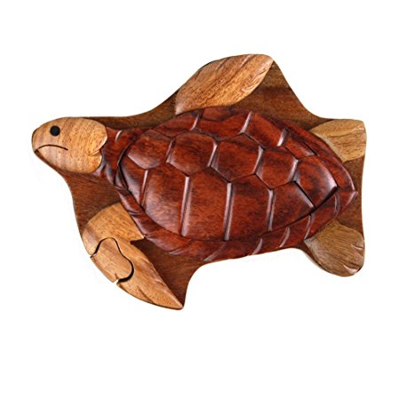 Sea Turtle Wood Box - Hand Carved with Hidden Compartment - 4 Parts Assemble Like a Puzzle 5.5" X 4" X 2"