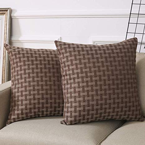 Madizz Pack of 2 Mid Century Modern Woven Linen Decorative Square Throw Pillow Covers Set Cushion Cases 18x18 inch Checker Gingham Plaid Tan and Brown Cocoa