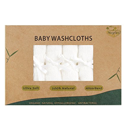 Maypluss Organic Bamboo Washcloths Ultra Soft & Absorbent Towels for Sensitive Baby Skin-6 Pack 10” X 10” Excellent Baby Shower / Registry Gift(Pure White)