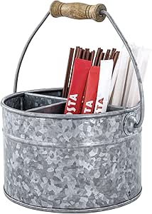 MyGift 6 inch Rustic Galvanized Round Bucket Tea and Coffee Condiment Organizer Caddy, 4 Compartments - Handmade in India