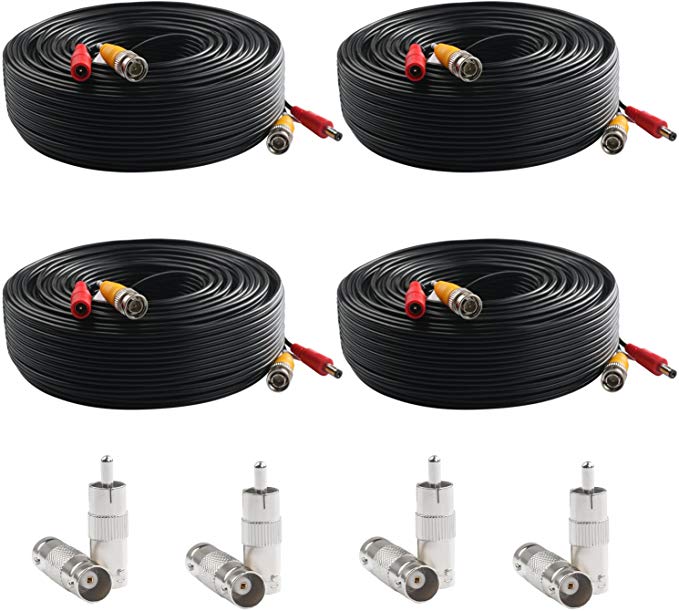 Postta BNC Video Power Cable (4 Pack 200 Feet) Pre-Made All-in-One Video Security Camera Cable Wire with Eight Connectors for CCTV DVR Surveillance System