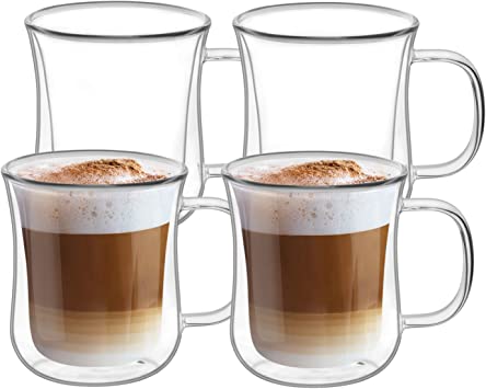 ComSaf Double Walled Glass Coffee Mugs (250ml), Thermal Insulated Borosilicate Glass Cups with Handle for Tea, Coffee, Latte, Cappuccino, Hot and Cold Drinks Beverages, Pack of 4