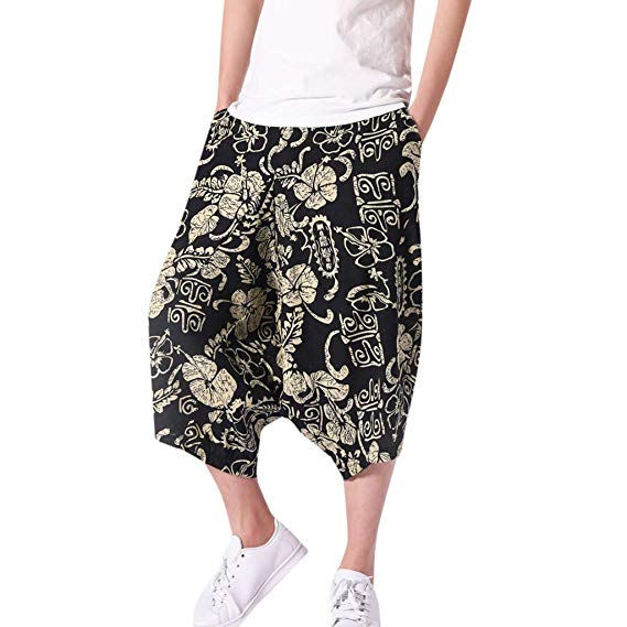 Corriee Cotton Linen Shorts for Men Mens Baggy Calf-Length Harem Pants Loose Solid Color Trousers with Pockets