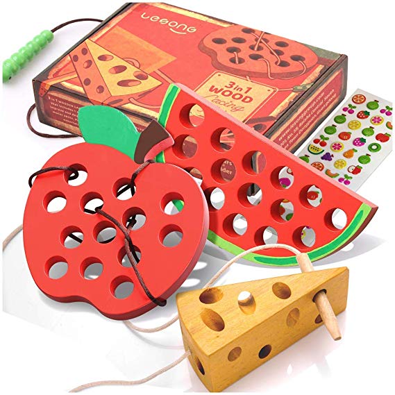 Lacing Toy for Toddlers: Wooden Threading Toys,1 Apple,1Watermelon and 1 Cheese with Bag and Sticker, Educational and Learning Montessori Activity for Baby and Kids, Car and Plane Puzzle Travel Games