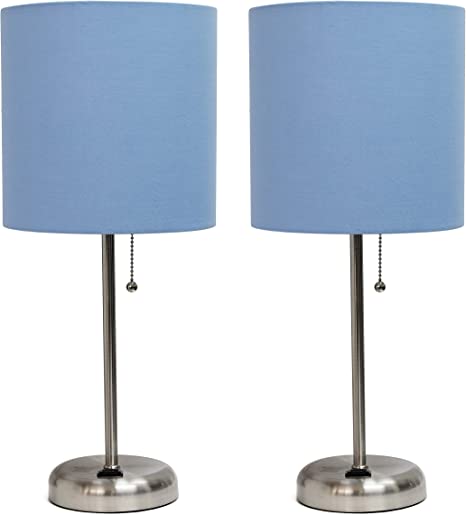 Limelights Brushed Steel Stick Lamp with Charging Outlet and Blue Fabric Shade 2 Pack Set, Brushed Steel/Blue, LC2001-BLU-2PK