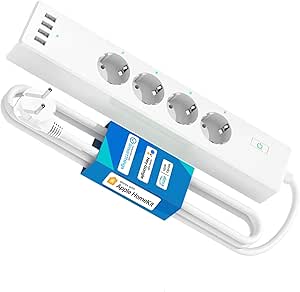 Meross WiFi Multiprise Connectée (Type F), 16A Compatible avec Apple HomeKit, Alexa et Google Home avec 4 Prises AC et 4 Ports USB, avec Commande Vocale et Contrôle à Distance