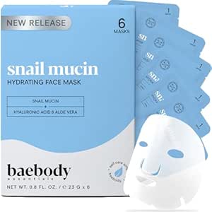 Baebody Snail Mucin Mask (6 pcs) - Hydrating Face Mask Sheet with Hyaluronic Acid - Moisturizing Face Mask for Youthful Skin - Korean Face Mask Inspired - Anti Aging Face Masks Skincare Korean