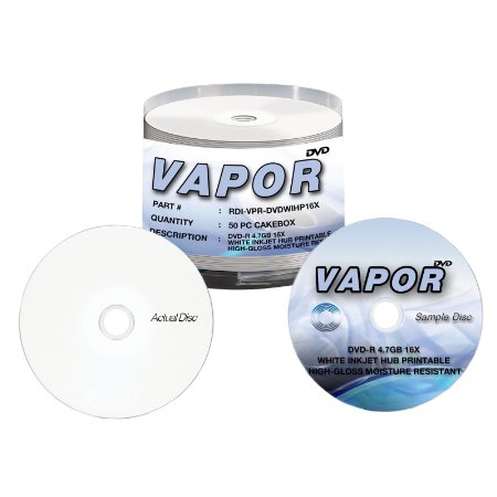 Vapor 16x 4.7GB DVD-R High Gloss Moisture Resistant White Inkjet Hub Printable 50-Pack Cakebox