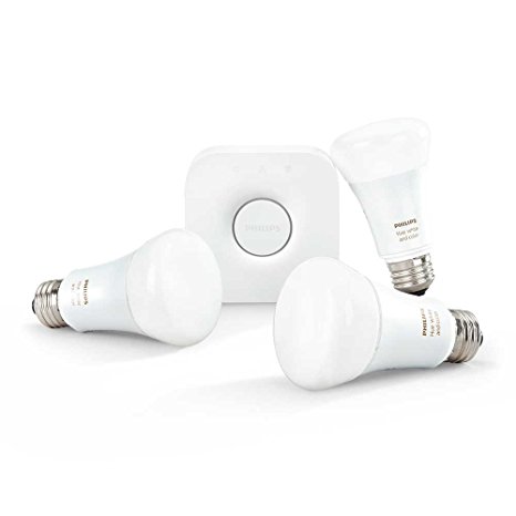 Hue White and Color Ambiance A19 starter kit, with three A19 color LED light bulbs and bridge (hub), 3rd generation, Works with Alexa