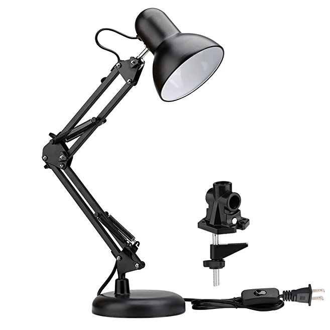 LE Swing Arm Desk Lamp, C-Clamp Table Lamp, Flexible Arm, Classic Architect Clamp-on Desk Lamp, Black Painted Lamp (Black - Metal Arm Joint)