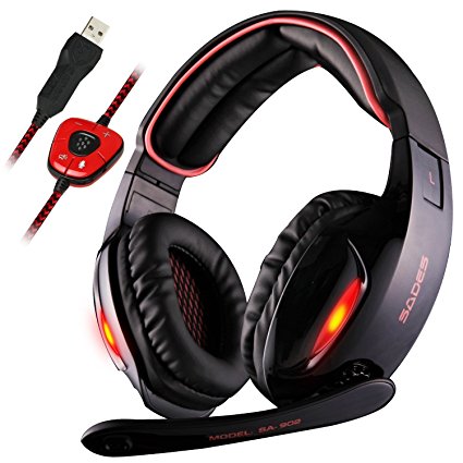 GW SADES SA902 7.1 Channel USB Surround Stereo PC Gaming Headset Headphones with Mic Revolution Volume Control Noise Canceling LED Light(Black/Red)