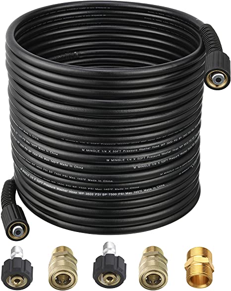 M MINGLE Pressure Washer Hose 50 Feet X 1/4 Inch for Most Brands, with 2 Quick Connect Kits, Compatible M22 14mm, 3600 PSI