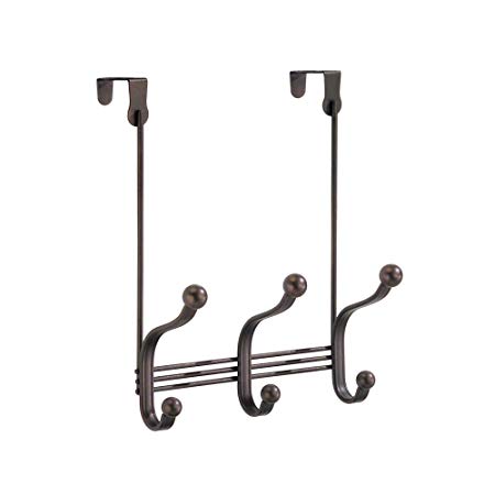 InterDesign York Lyra Over the Door 3 Dual-Hook Storage Rack for Coats, Hats, Robes, Towels – Pack of 2, Bronze