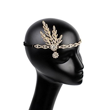 Frcolor 1920's Flapper Great Gatsby Inspired Leaf Medallion Pearl Headpiece Tiara Headband Head Crown (Gold)