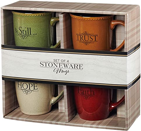 Set of Four Rustic Stoneware Coffee/Tea Mugs w/Bible Verses Sage Green, Ivory, Paprika Red, Pumpkin Orange | Inspirational Coffee/Tea Cup for Men and Women