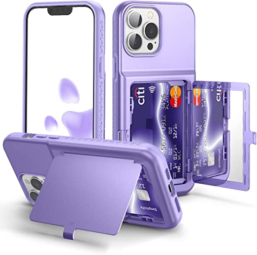 WeLoveCase for Cute iPhone 13 Pro Max Case for Women with Credit Card Holder & Hidden Mirror, Heavy Duty Protection Cover Protective Wallet Case for iPhone 13 Pro Max Light Purple