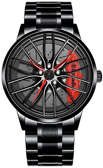 Car Wheel Rim Hub Watch, Stainless Steel Watch with Japanese Quartz Movement, Waterproof Sports Wrist Watch for Men/Car Enthusiast