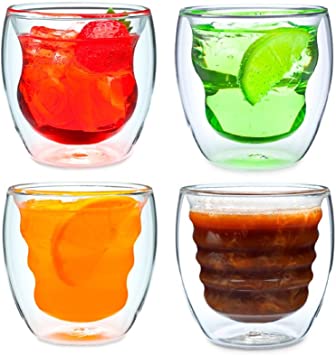 Curva Artisan Series Double Wall Beverage Glasses and Tumblers - Set of 4 Unique 8 oz Drinking Glasses