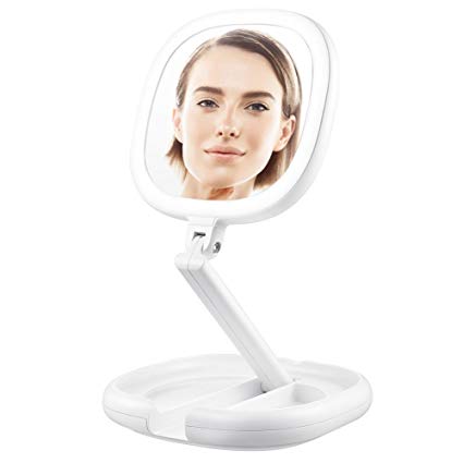 Lavany Compact Makeup Mirror Foldable 1x/7x Double-sided LED Illuminated Cosmetic Mirror, Tabletop LED Lighted Makeup Mirror, Compact Portable Collapsible Travel Mirror with Dimmable Light, White