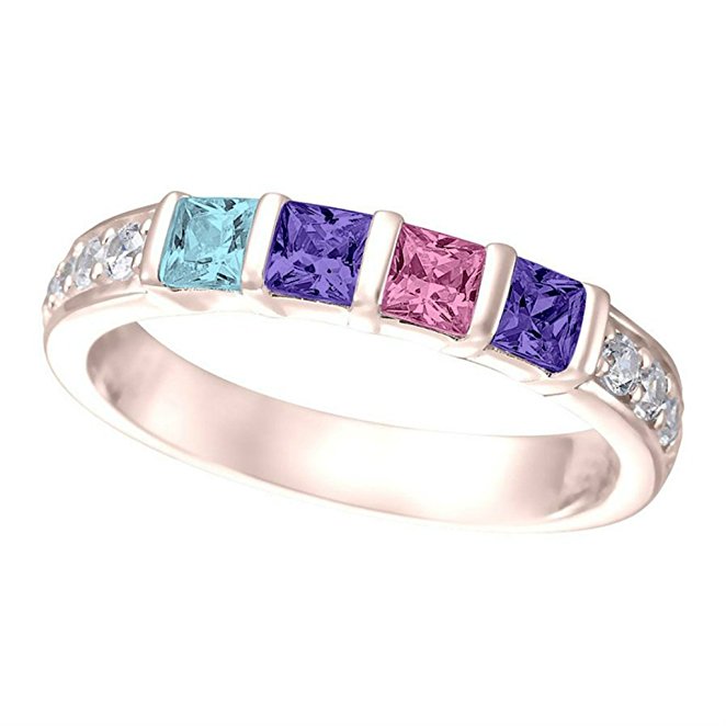 NANA Princess w/side CZs Mothers rings 1 to 6 Simulated Birthstones in Silver or 10k White, Yellow or Rose Gold