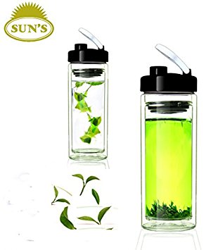 Sun's Tea (Tm) 18oz Ultra Clear Spill-proof Strong Double-wall 3-Piece Borrosilicate Glass Tea Tumbler with Strainer (drinkhole lid)