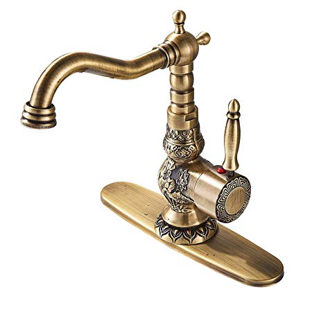 Senlesen Antique Brass Swivel Spout Bathroom Faucet Vanity Sink Mixer Tap with Cover Plate