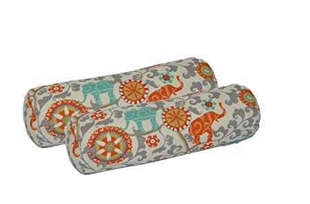 Set of 2 - Indoor / Outdoor Jumbo, Large, Over–sized, Bolster / Neckroll / Lumbar Chaise Lounge Decorative Pillows - Orange, Teal, Gray Bohemian Elephant Fabric