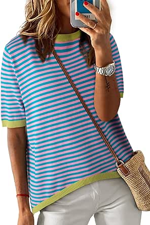 Dokotoo Womens Summer Tops Casual Crewneck Short Sleeve Striped Color Block Knitted High Low Trendy Pullover T Shirts Blouse