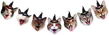 Spooky Cats Halloween Garland, Cat Face Halloween Hanging Decor, Cat with Witch Hat All Hallow's Eve Banner