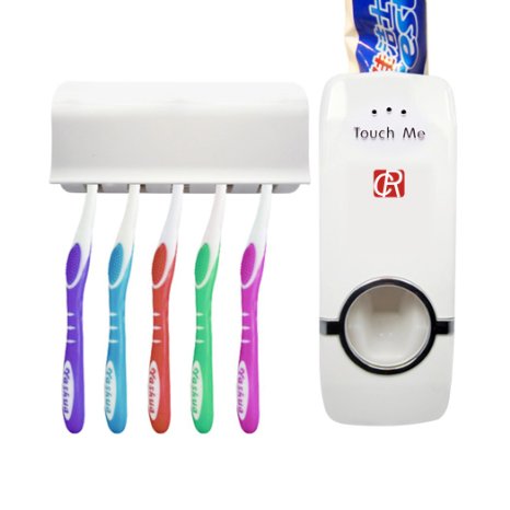 RC Hands Free Toothpaste Dispenser Automatic Toothpaste Squeezer and Toothbrush Holder Set for 5 Brushes (White)