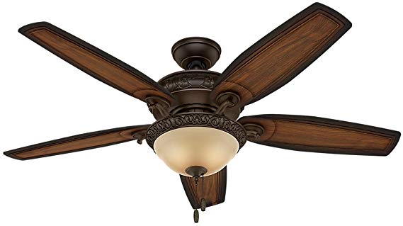 Hunter Fan Company 54014 Downrod Mount, 5 Burnished Elder Carved Wood Blades Ceiling fan with 81 watts light, Brown