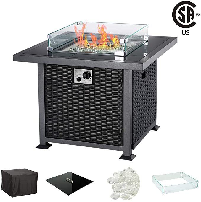 U-MAX 32 inch Outdoor Auto-Ignition Propane Gas Fire Pit Table, 50,000 BTU CSA Certificate Gas Firepit, Aluminum Fame, Black Wicker PE Rattan with Glass Wind Guard,Tempered Tabletop & White Arctic Gla