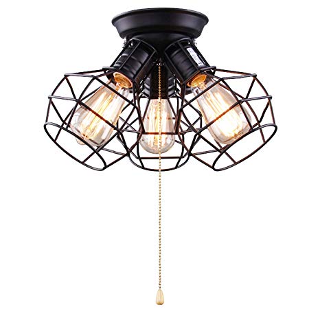 LALUZ 3-Light Wire Cage Ceiling Lighting with Pull String, Industry Close to Ceiling Light Fixture
