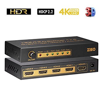 ZISO 4K HDMI 2.0 Splitter 1 In 4 Out 4K 60Hz 4:4:4 HDR HDPC2.2 with bandwidth up to 18Gbps（HD-SP4A）