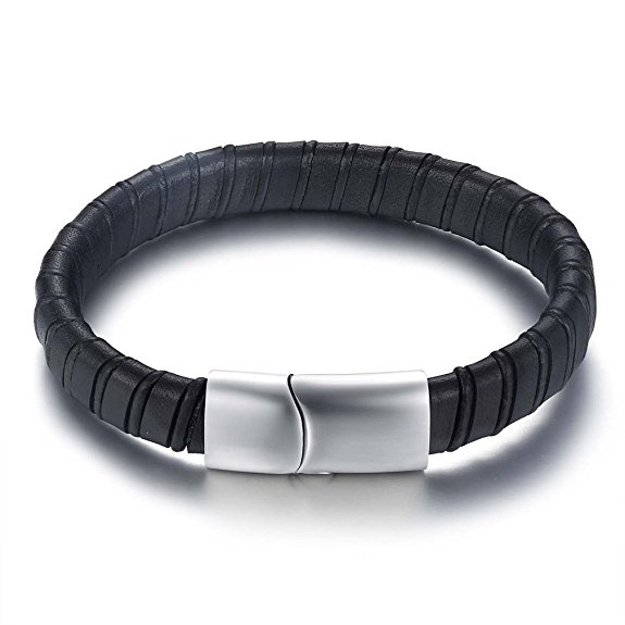 Christams Gift Black Genuine Leather Men's Stainless Steel Magnetic Clasp Bangle Bracelet 21CM(8.5 Inches)