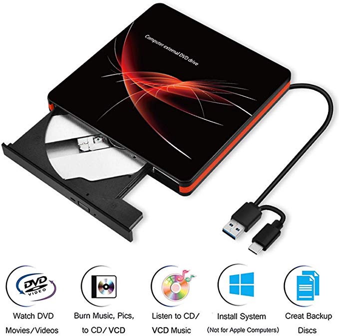 External CD DVD Drive for Laptop, Portable High-Speed Type-C & USB 3.0 Duplicate CD Burner Rewrite CD DVD Reader for PC/Laptop/Desktop Compatible with Windows/Mac OS/Linux
