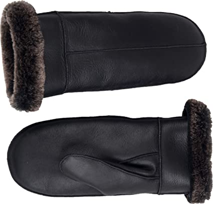 Zavelio Women's Premium Shearling Sheepskin Leather Fur Mittens Black Small