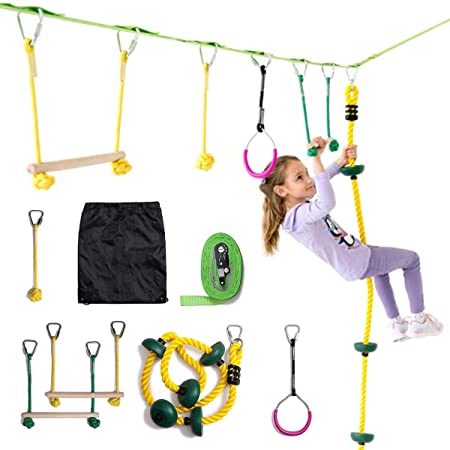 NAMEE Playground Set for Backyard Kids Slackline with Monkey Bars - 50ft Slackline 12 Obstacles - Obstacle Course Equipment for Kids Climbing Ropes and Swing Seat - Holds up to 330lbs