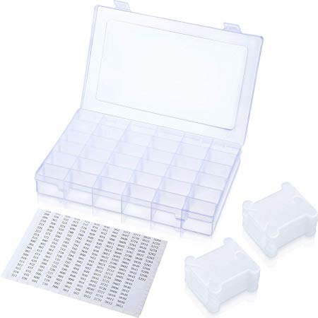 Tatuo Embroidery Floss Cross Stitch Organizer Box Set Includes 36 Grids Plastic Storage Box, 100 Pieces White Plastic Floss Bobbins and 460 Floss Number Stickers