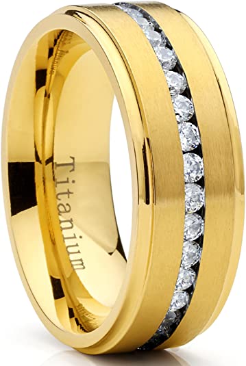 Metal Masters Co. Goldtone Titanium Men's Eternity Wedding Band Ring with Cubic Zirconia CZ, Comfort Fit 8mm