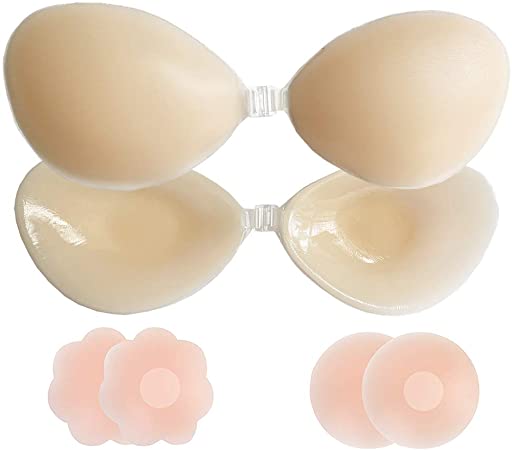 HEXET Slim Silicone Nipplecovers Strapless Adhesive Sticky Bras for Women, Invisible Backless Push Up Bras（3Pack for B Cup） Beige