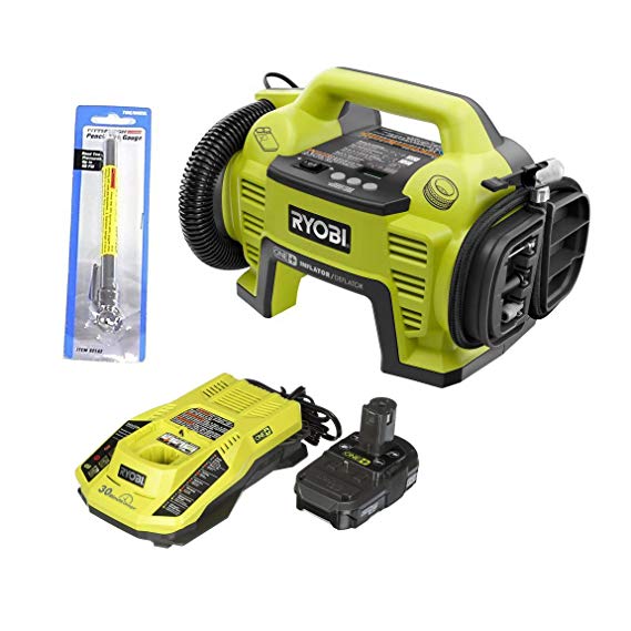 Ryobi P731 One  18v Dual Function Power Inflator/Deflator with Charger, Lithium-ion battery and Pittsburgh Automotive Pencil Tire Gauge (Bundle)