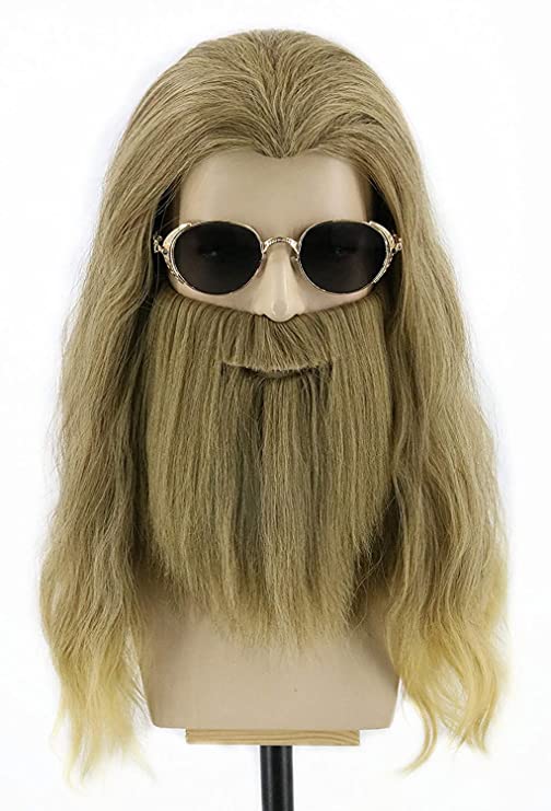 Topcosplay Mens Fat Thor Wig and Beard Ash Blonde Long Curly Cosplay Halloween Costume Wig