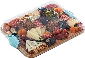 Farberware Build-A-Board Bamboo Cutting Board with Built-in Compartments and Clear Locking Lid with Blue Handles, Perfect for Charcuterie, Snacks, and More - Make it. Take it. Enjoy it, 11x14 Inches