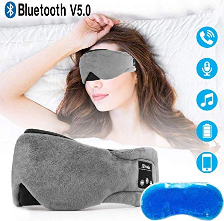 Powcan Wireless Sleep Mask Headphones Bluetooth 5.0 Sleeping Eye Mask with Gel Sleep Mask for Cool/Warm Therapy, USB Rechargeable, Washable, Handsfree Music Travel Sleep Eye Cover for Men Women