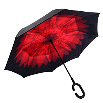 DOLIROX Windproof Reverse Folding Double Layer Inverted Umbrella and Self Standing Inside Out Rain Protection Umbrella with C-shaped Hands Free Handle, Best for Travelling and Car Use (Black RED)