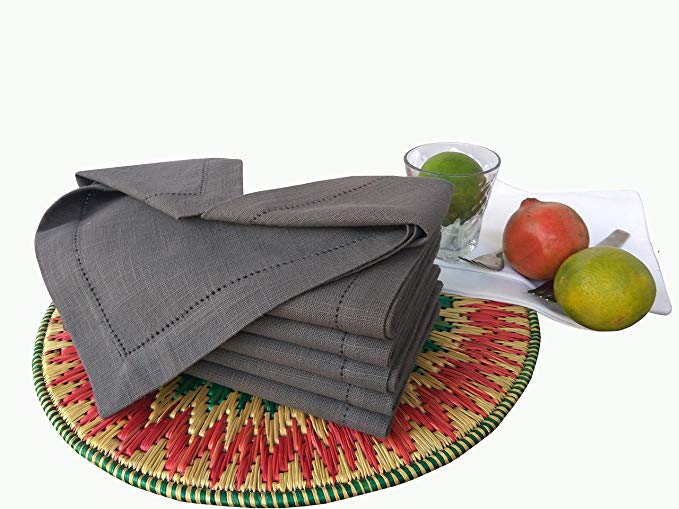 Linen Clubs 6pk slub cotton dinner napkins with hemstitch 18"X18"- charcoal