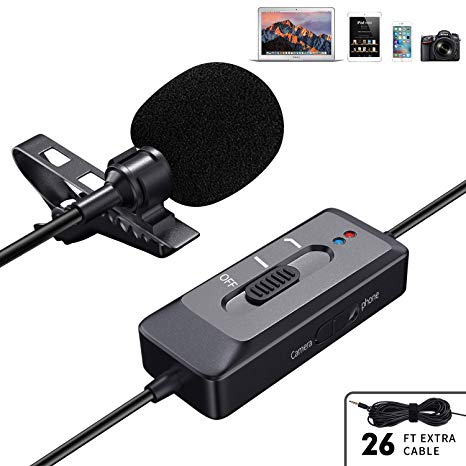 Professional Lavalier Microphone Mini Lapel Microphone Works for iPhone/Android/Computer/DSLR/Camera New Upgranded with 26 Feet Cable for Interview/Podcast/Recording YouTube/Asmr