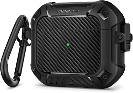 MOBOSI Compatible with AirPods 3 Case (2021), Secure Lock Clip Full Body Rugged Hard Shell Protective Case Cover with Keychain for AirPod 3rd Generation Charging Case, Black